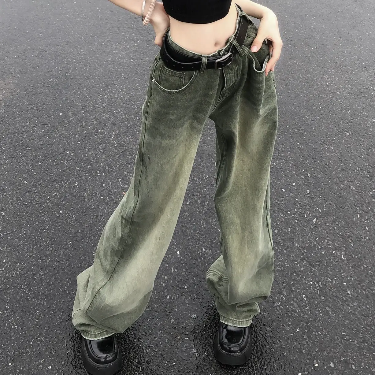 

Distressed Vintage Straight Rough Selvedge Denim Jeans High Wasit Casual Fashion Wide Leg Pants Y2k Streetwear Punk Pantalones