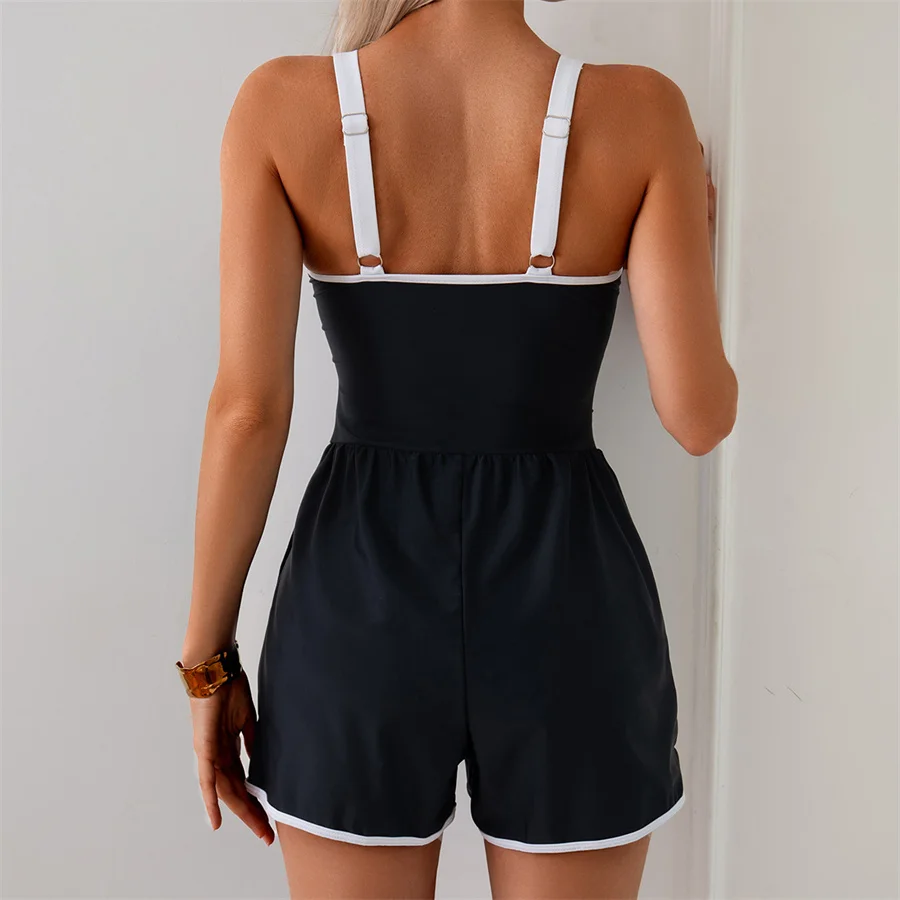 Women One Piece Swimsuit Summer Swimming Jumpsuit Vest Shorts Solid Classical Female Deep Neck Bathing Suits Beach Swimwear - 3