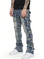 Men's Regular Fit Stacked Jeans Ripped Slim Fit Patch Distressed Destroyed Straight Denim Pants Hip Hop 2