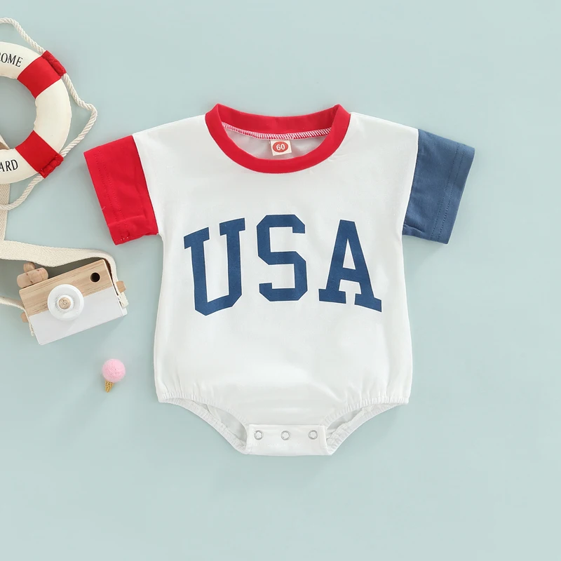 FOCUSNORM 0-12M Children Girls Boys Romper Clothing Color Patchwork Short Sleeves Letter Print Jumpsuits Summer Clothes