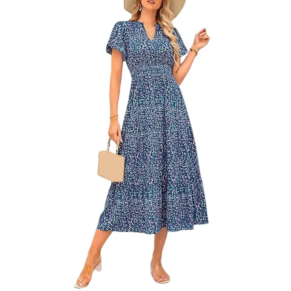 

V-neck Long Dress Women Printed Dress Floral Print V Neck Midi Dress for Women A-line Swing Style with Bubble for Commute