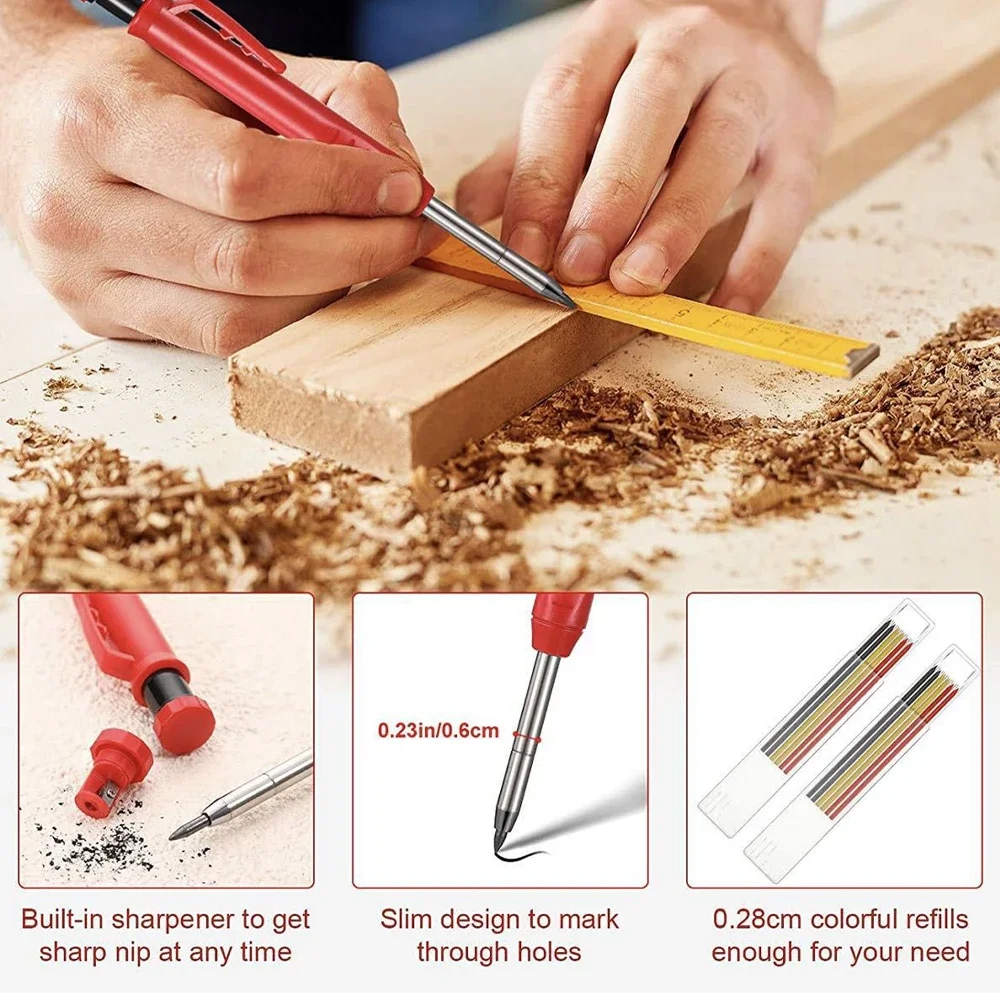 Solid Carpenter Pencil With Refill Lead And Built-in Sharpener For Deep Hole Mechanical Pencil Scribing Marking Woodworking Tool 3