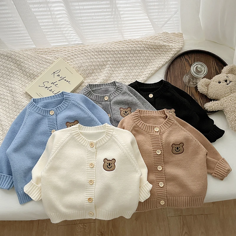 Spring And Autumn Newborn Baby Girls And Boys Sweater Cotton Coat Cartoon Bear Long-sleeved Knitted Korean Fashion Soft Casual