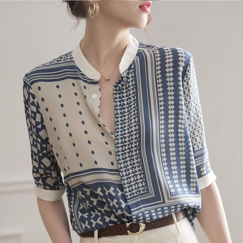 Summer Women\'s Blouse Chiffon O-neck Standing Collar Printed Office Lady Shirts Vintage Half Sleeve Tops Female Clothing