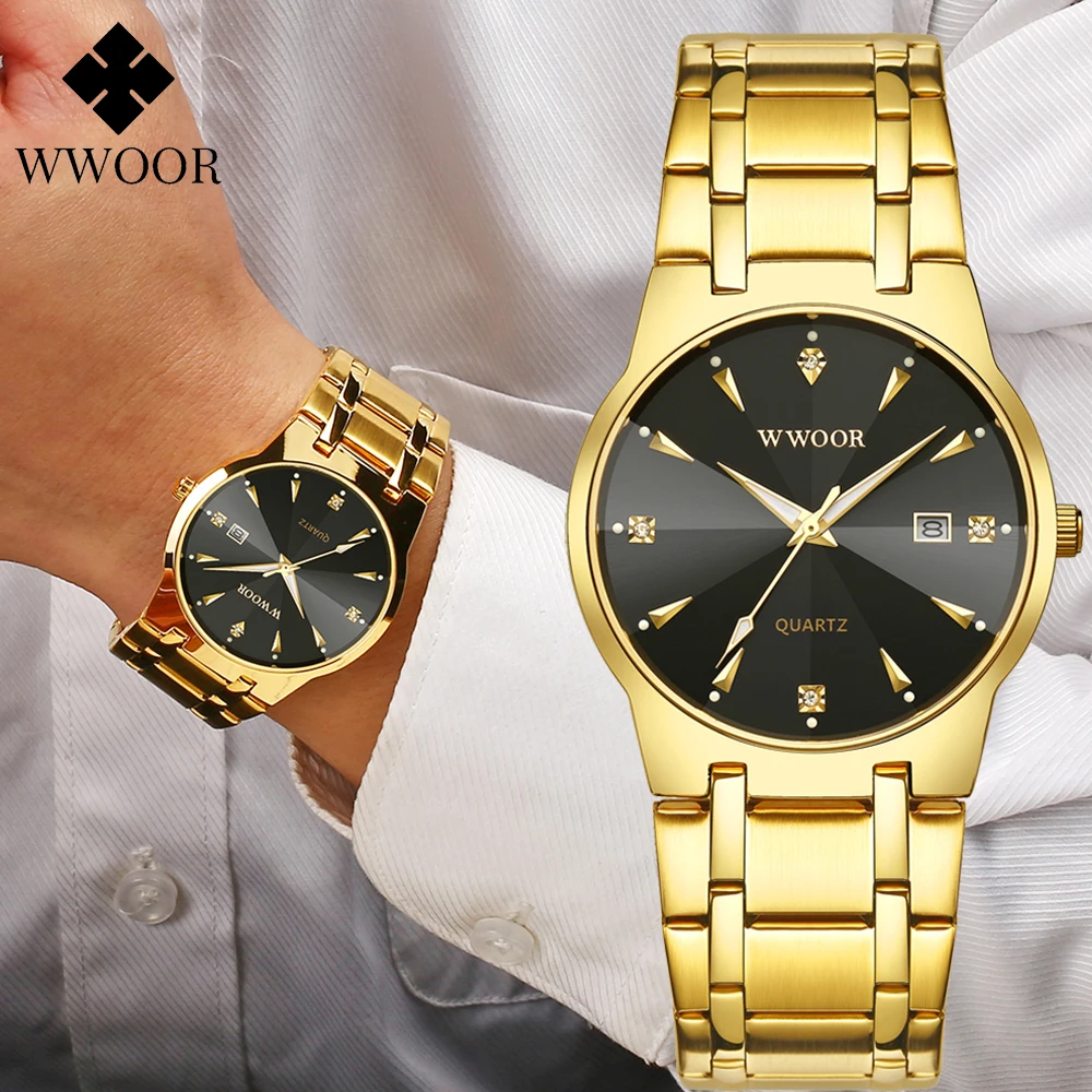 Relogio Masculino WWOOR Gold Black Luxury Watch For Men New Business Men Watch Waterproof Date Man Quartz Wristwatch Male Clock high quality ratchet automatic buckle black genuine real cow leather belts for men male strap men s belt width3 0 cm 남성벨트