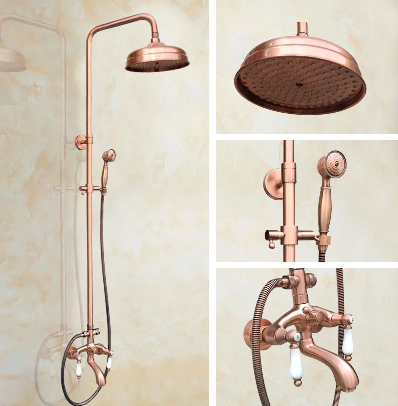 

Antique Red Copper Bathroom Faucet Set 8" Rainfall/Handheld Shower Faucets Kit Bathtub Hot And Cold Shower Water Taps Drg561