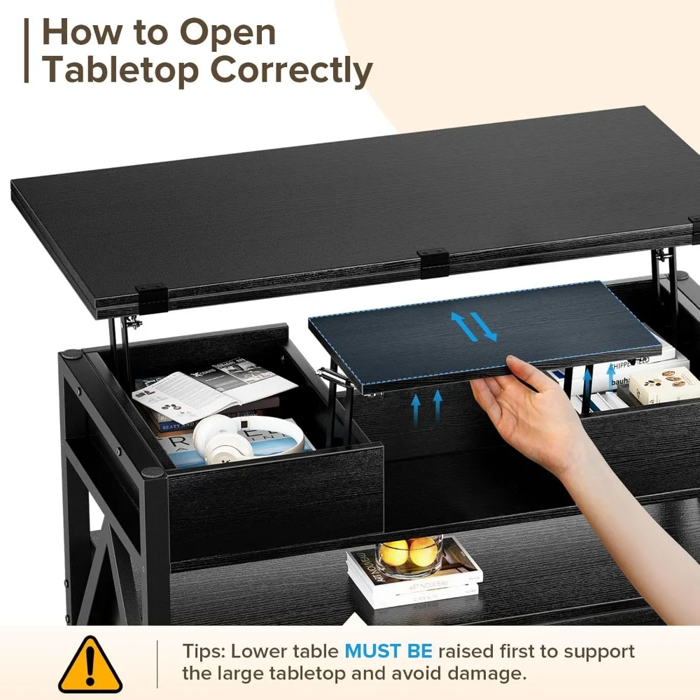 40" Lift Top Coffee Table,4 in 1 Multi-Function Lift Coffee Tables with Storage Drawers and Hidden Compartmen 6
