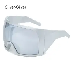 Futuristic UV400 Wraparound Rave Sunglasses with Oversized Curved Lens (Silver - Silver)