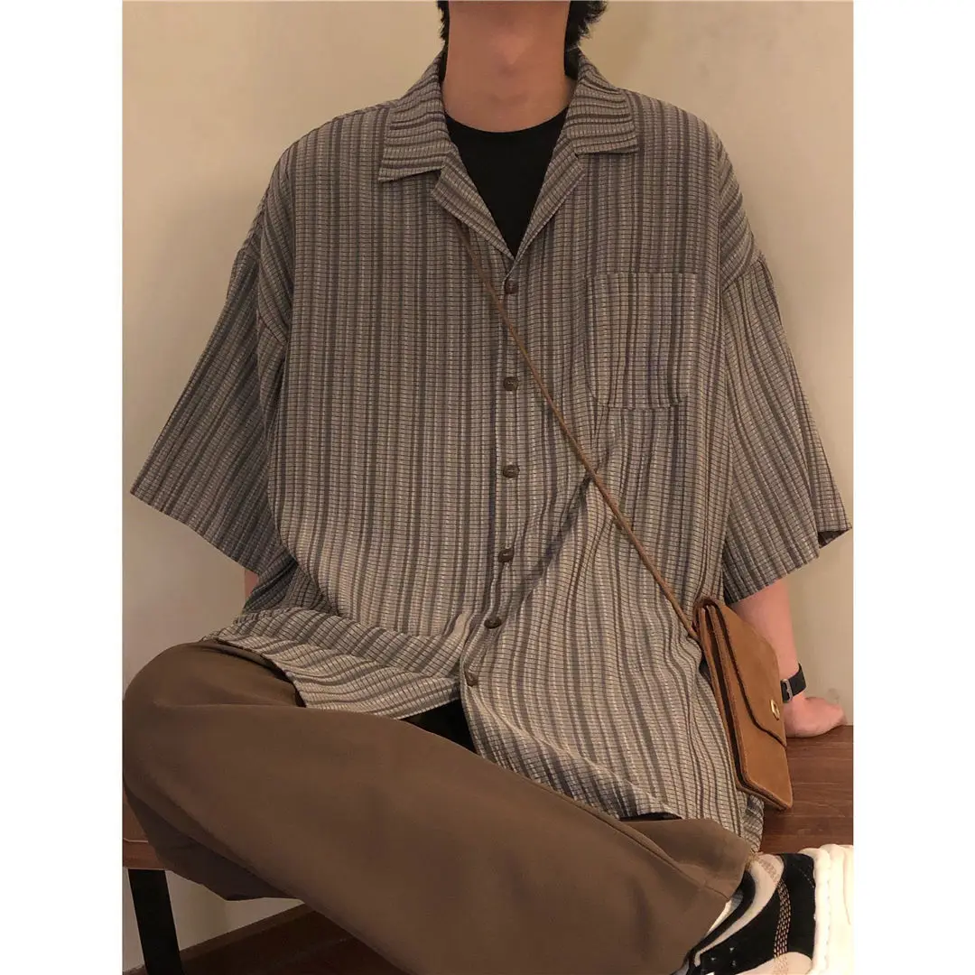 

2023 Summer New Japanese Retro Plaid Short-sleeved Shirt Men Light Luxury Loose All-match Shirt Boutique Clothing Simple Style