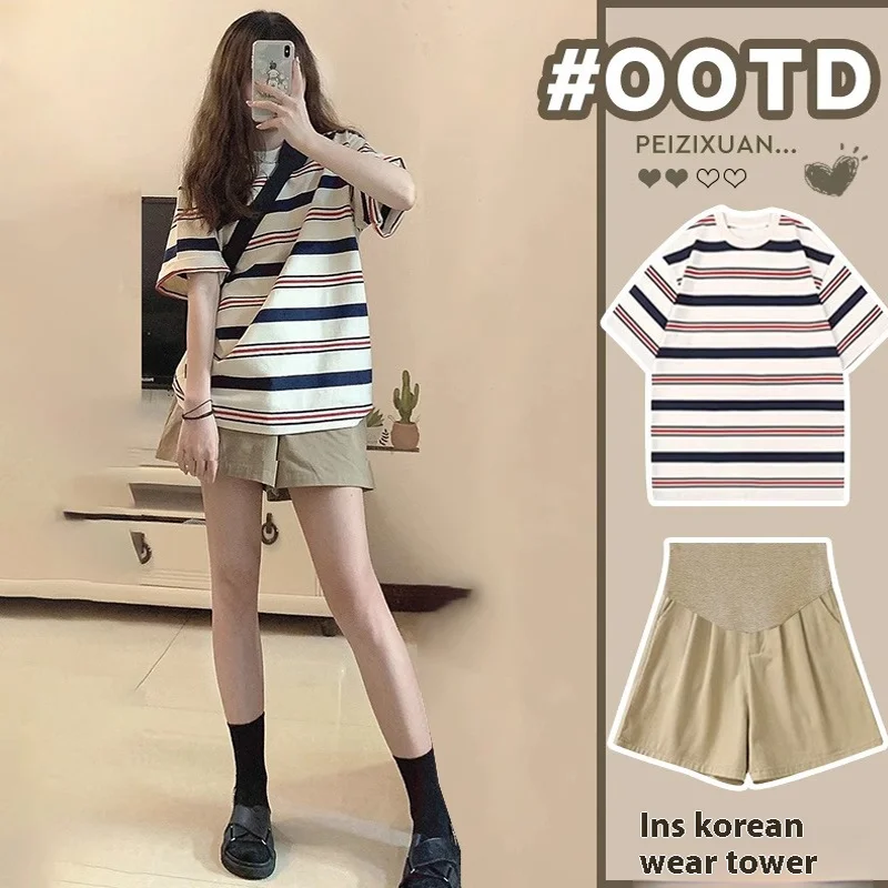 Maternity Summer Suit Short-Sleeved Fashion Summer New Shorts Casual Lazy Striped Top Short-Sleeved Shorts Two-Piece Set Yankee 6