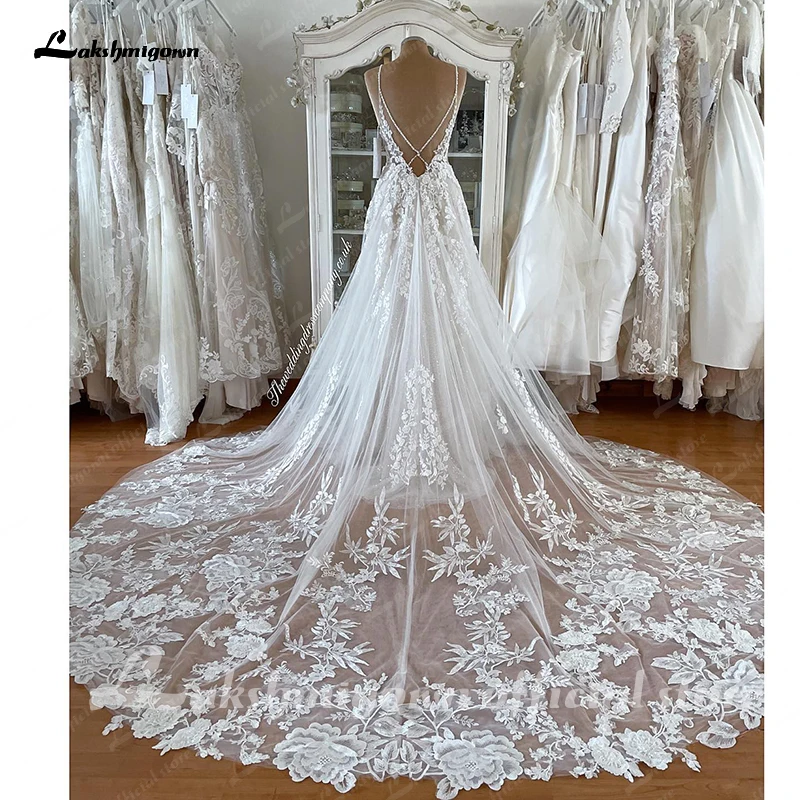 Lakshmigown Spaghetti Straps Lace Wedding Dress Sexy Bridal Robe Plunging V Neck Tulle Boho Wedding Gown Abiti Sposa