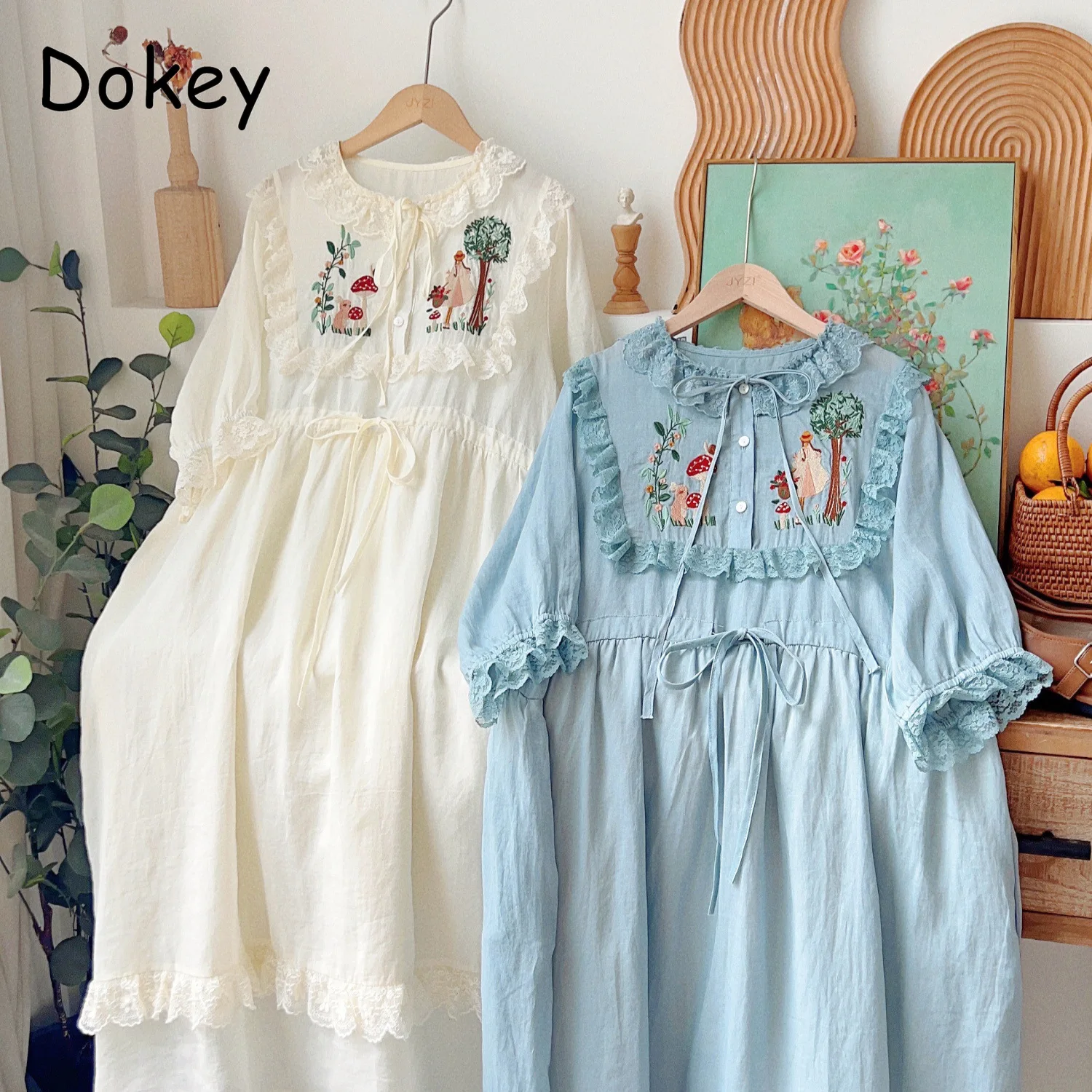 

Sweet Vintage Embroidery Doll Collar Dress Women Summer Japanese Mori Girl Lace-up Ruffled Puff Sleeve Loose Kawaii Lolita Dress