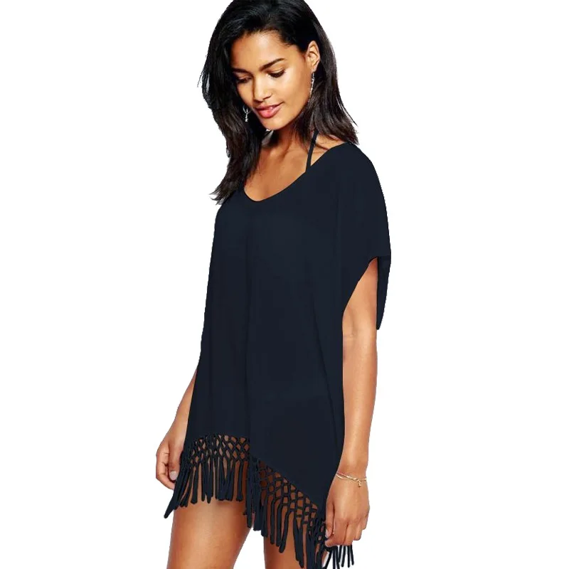 

2023 Spring and Summer Solid Tassel Chiffon Loose Women's Beach Sunscreen Shirt Seaside Holiday Clothes Black