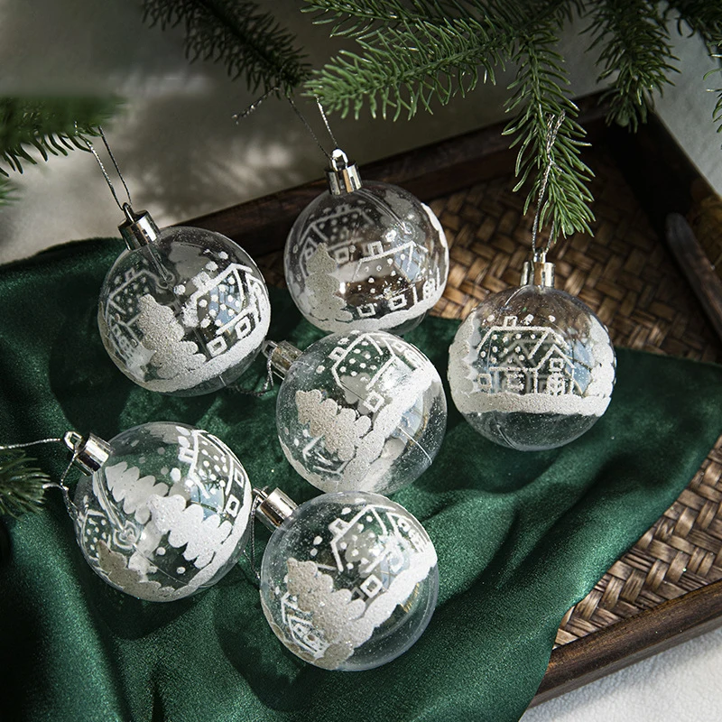 thumbnail image 1 of Juego de 6 bolas de Navidad de plástico transparente con pintura de bola de nieve blanca para colgar en el árbol de Navidad, suministros de Año Nuevo, 1 of 4