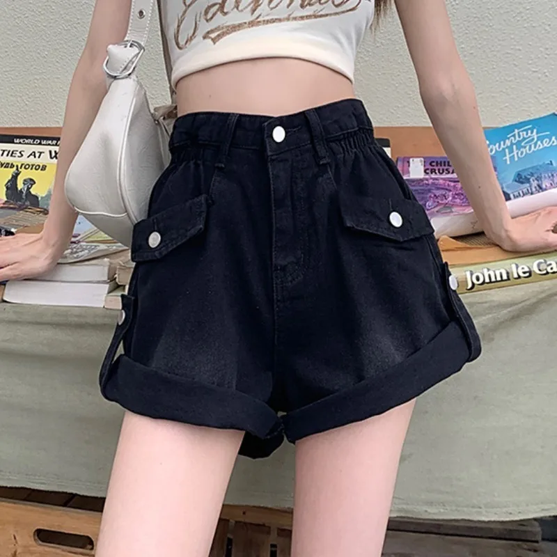 Summer explosion high -waisted jeans workers shorts 2023 new hot girls are thin rolled edge A -line wide -leg hot pants