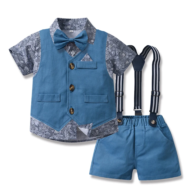 

New Fashion Summer Kids Boys Gentleman Clothing Sets Short Sleeve Bowtie Print Shirt+Vest+Suspenders Shorts Birthday Outfits