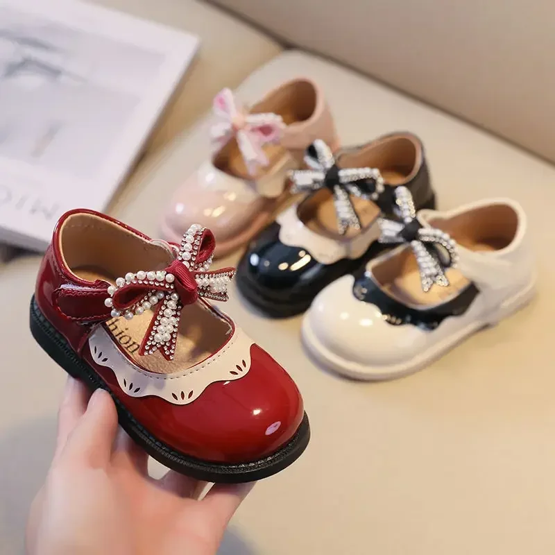 Spring Summer Girl's Shoes Beading Bow-tie Baby Girl Shoes Crystal Princess Dress Bordered Children Footwear F02262 girls shoes