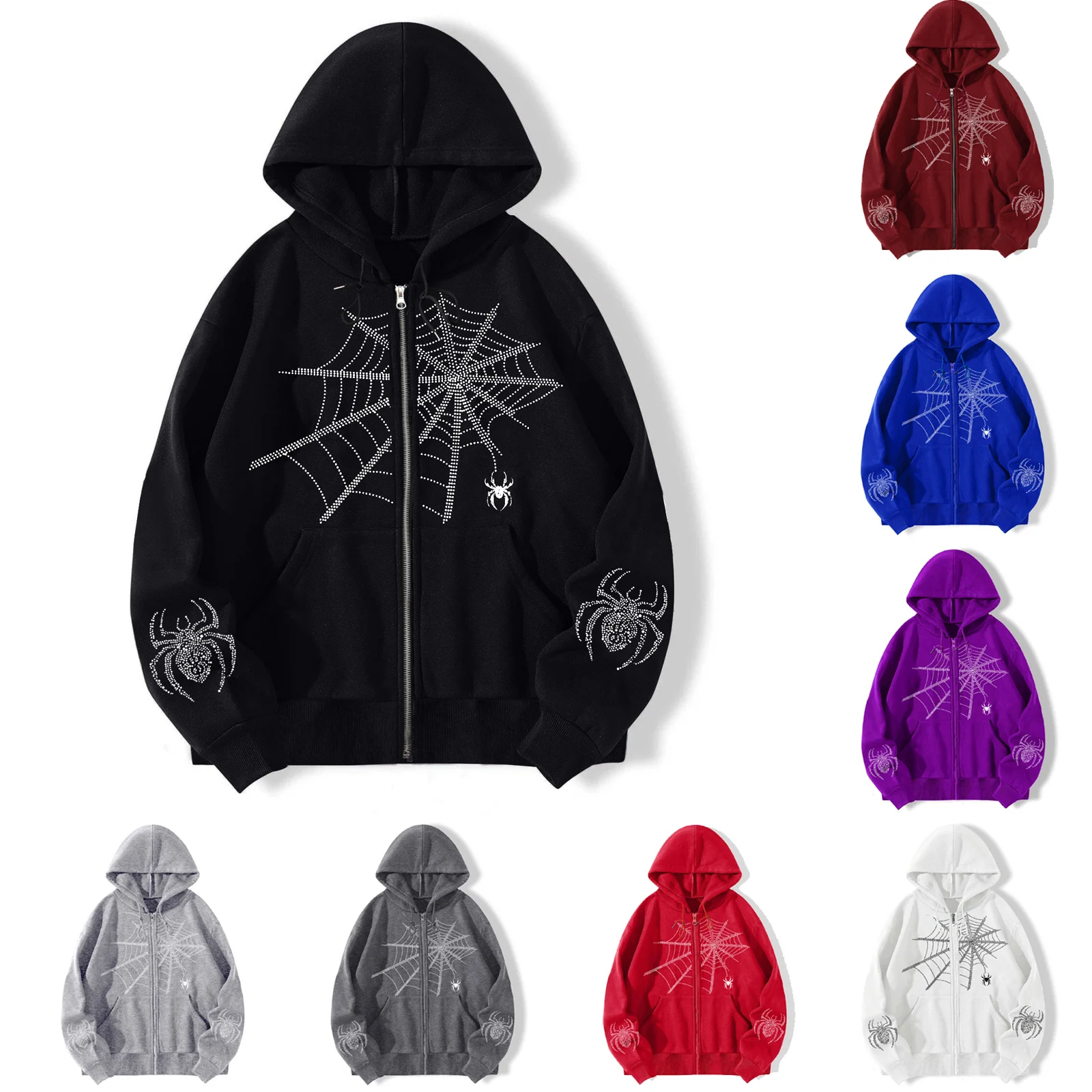 

Y2k Spider Print Hoodies Women Hip Hop Zipper Long Sleeve Jacket Coats Autumn Winter Harajuku Casual Loose Hooded Sweatshirts