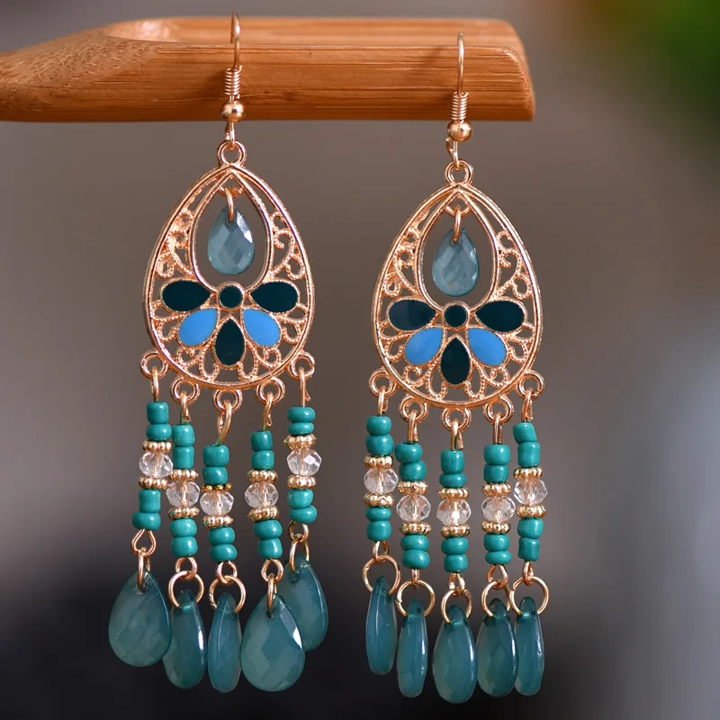 Bohemian Ethnic Long Blue Acrylic Crystal Water Drop Earrings for Women Retro Temperament Geometric Dangle Earrings Jewelry - Image 5