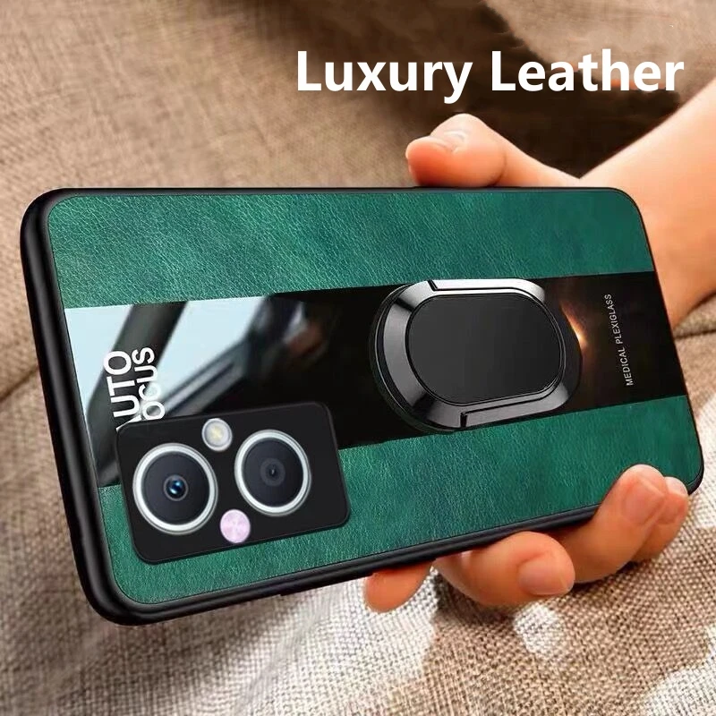 Luxurious Leather Magnetic Ring Phone Case with Silicone Shockproof Bumper