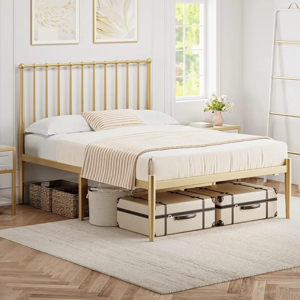 

Bed Frames, with Extra Storage Space, Queen Bed with Metal Headboard and Footboard,Easy Installation,No Box Spring Needed