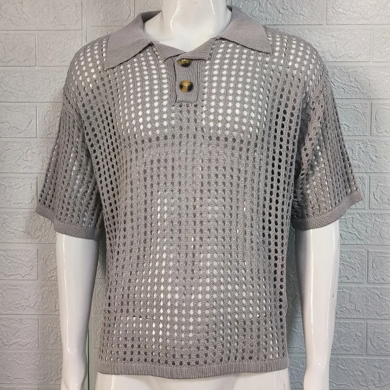 Lapel Cut-out Knit Sweater Men Fashion Loose Maxi Knit Sweater Summer New Menswear
