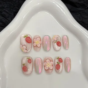 10pcs Handmade Press on Nails Sweet 3D Strawberry Flower Design Fake Nail Tips Wearable Sweet Korean Shiny Aurora False Nails 1