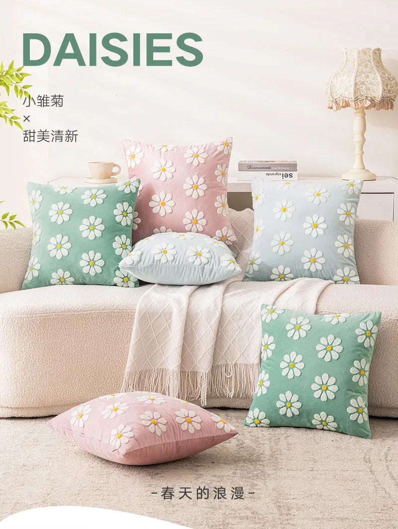 Bunte Stickerei Gänseblümchen Kissen Kissenbezüge Sommer Blau Bauernhaus Kissenbezüge Dekorative Sofa Kissenbezüge für Heimdekoration – Detail 1