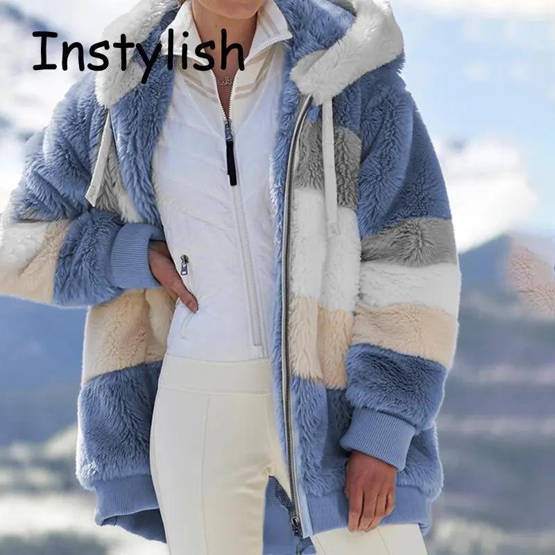 Tanie Kobiety eleganckie w paski kaptur pluszowy płaszcz zimowy gruby ciepły luźny polar sklep