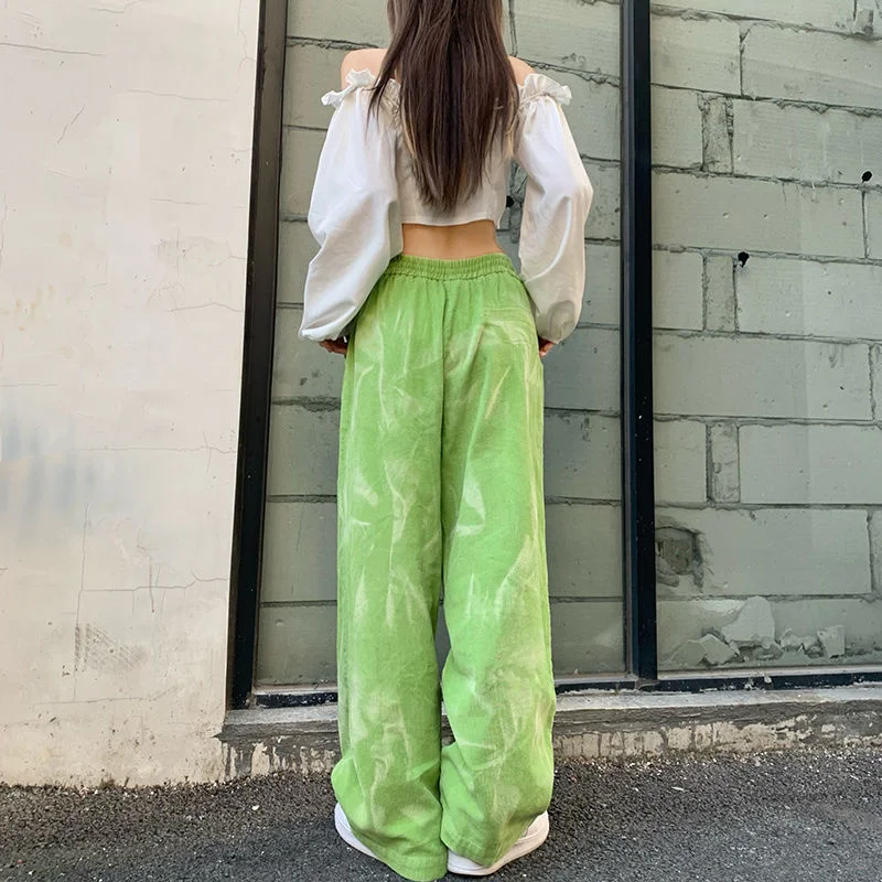 dress pants Y2K Green Corduroy Casual Streetwear Pants Women's Spring Harajuku Style High Waist Loose Straight Drawing Wide Leg Pants work trousers