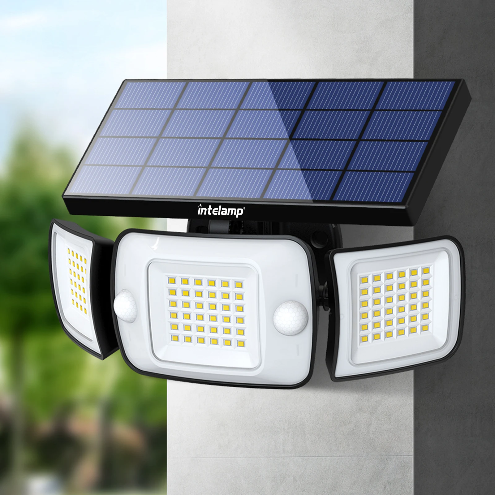 Intelamp Outdoor Solar Lights 4000mAh Battery With Two Motion Sensor 1200LM Bright IP65 Wall Lamp For Garden Yard Path Garage