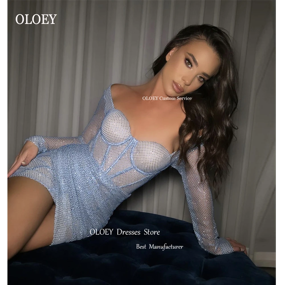

OLOEY Glitter Short Blue Party Dresses Off the Shoulder Long Sleeves Sweetheart Mini Sexy Club Night Event Cocktail Dress