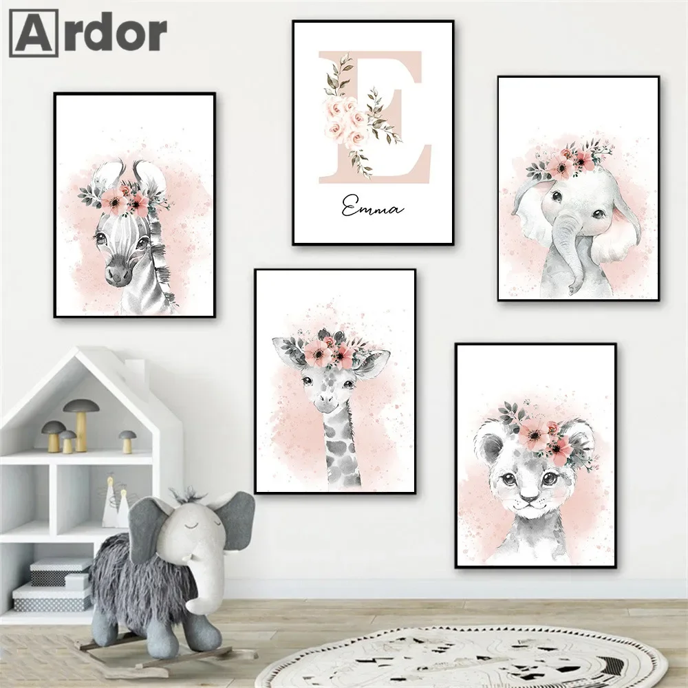 Pink Flower Nursery Canvas Prints Custom Name Poster Jungle Animals Wall Art Lion Elephant Pictures Painting Girls Room Decor flower animal canvas poster lion zebra elephant giraffe nursery wall art print painting wall pictures kids baby bedroom decor