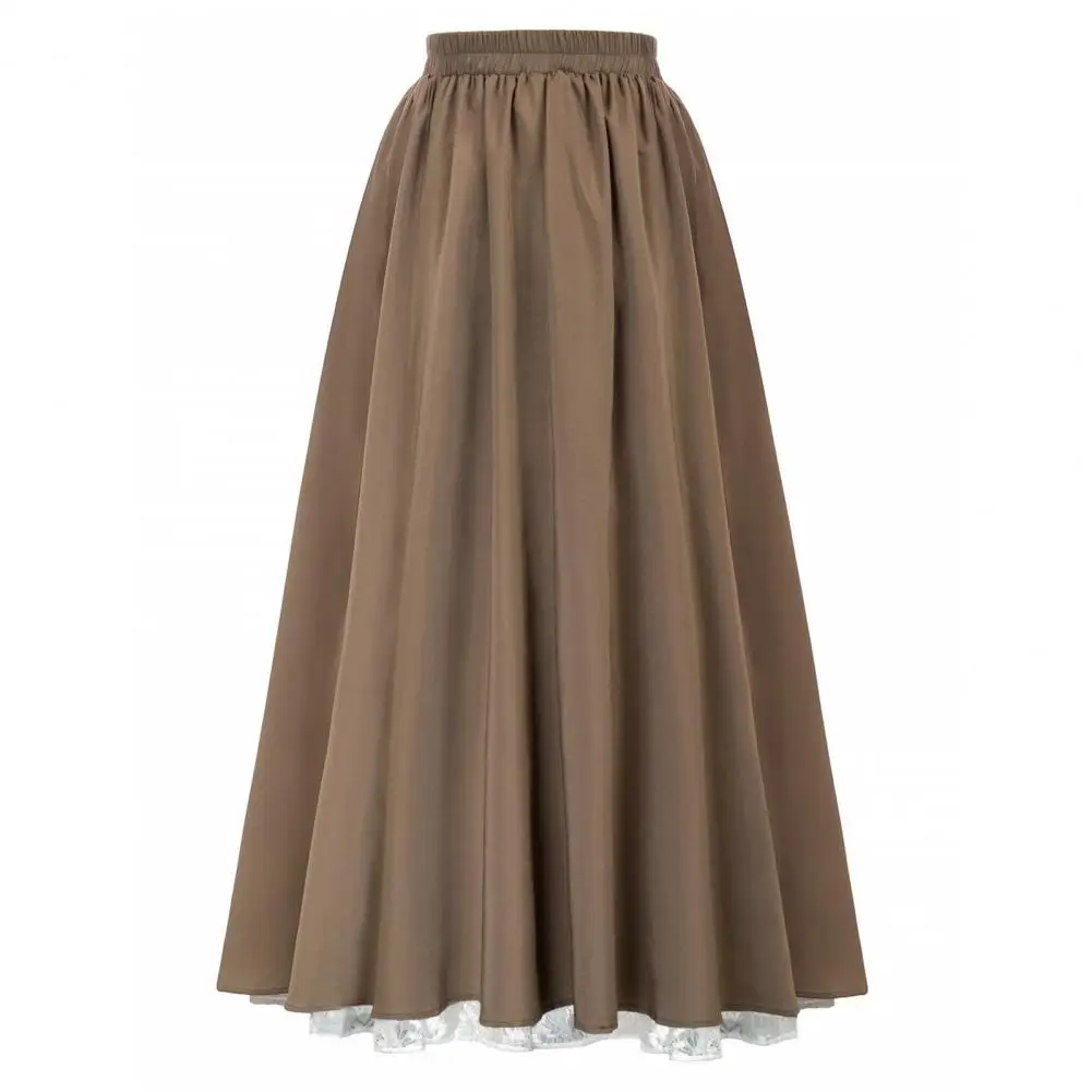 

Loose Fit Skirt Elegant Lace Stitching Maxi Skirt Retro A-line Style Double Layer Design Elastic High Waist for Women's Fashion