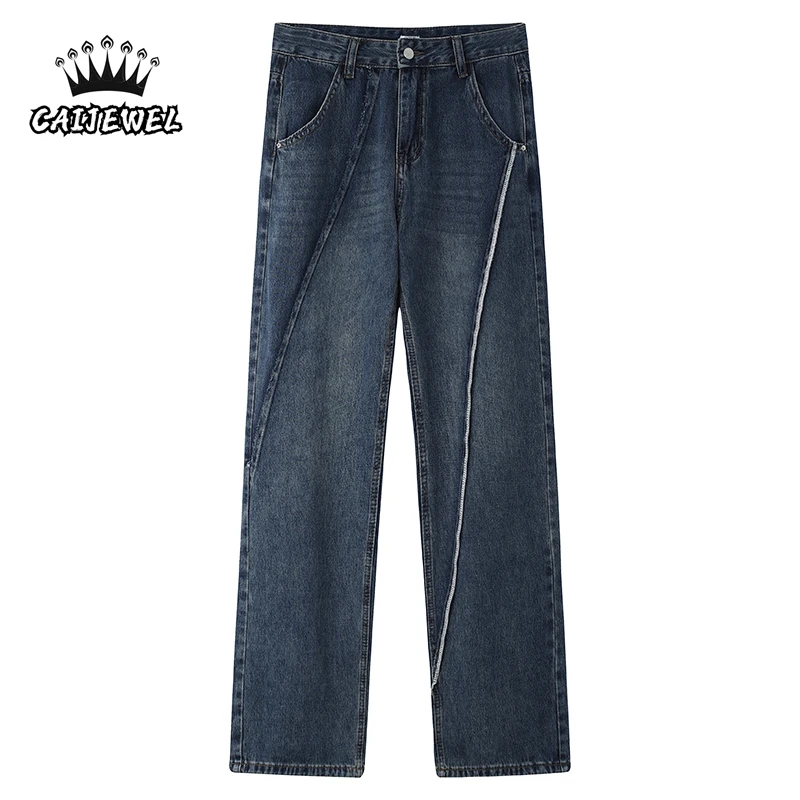 Women's Straight Jeans Blue High Waist Streetwear Vintage Denim Pants  Asymmetrical Splicing Design Ladies Wide Leg Denim Pants cargo jeans Jeans