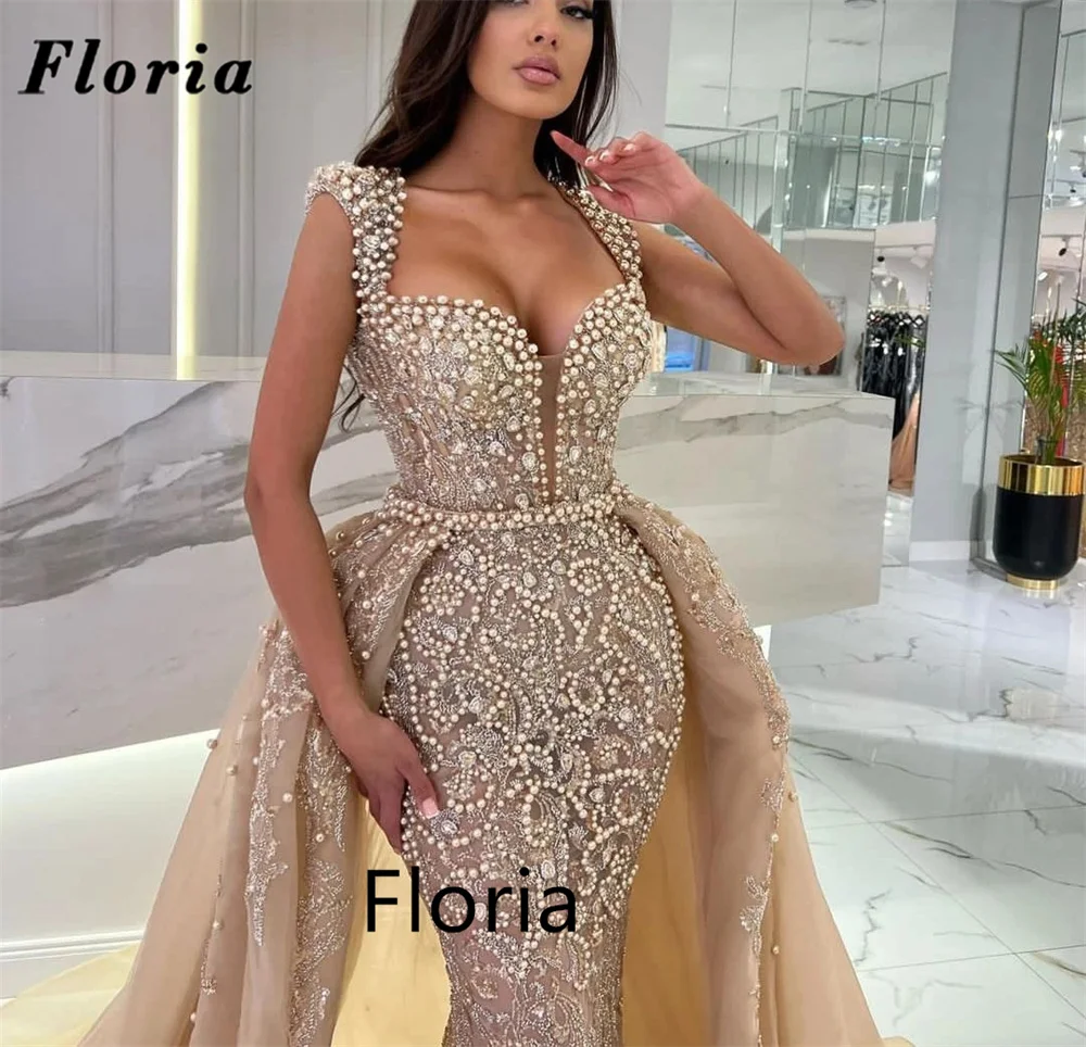 Floria Luxury Champagne Mermaid Evening Dresses Detachable Skirt Arabic Dubai Glitter Pearls Prom Dress For Wedding Party 2023