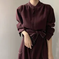 REALEFT Spring Autumn Single Breasted Women's Shirt Dresses Sashes 2024 New Stand Collar Korean Casual Straight Dress Female - Image 6