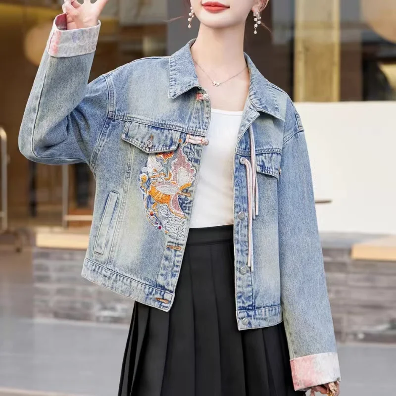 New 2024 Spring Women Denim Jacket And Coat Chinese Style Long Sleeve Embroidery Chinese Buttons Elegant Outwear Woman Jackets - Image 3
