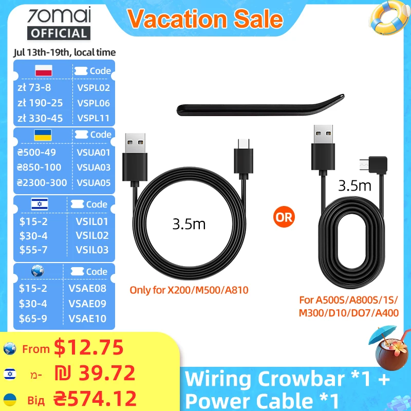 70mai Type-C Charging Cable for 70mai A810 X200 M500 & Micro USB Cable for 70mai 4K A800S 70mai A500S 1S M300 A200 M200 S500