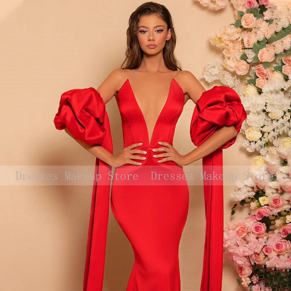 Sexy Evening Party Dresses Red Satin Deep V Neck Mermaid Women's  Gowns Long Puff Sleeves Trumpet Formal Prom Dress 2023