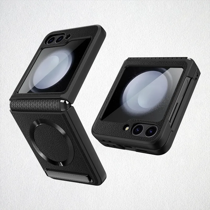 Magnetic Kickstand Leather Phone Case with Hinge Protection and Glass Film