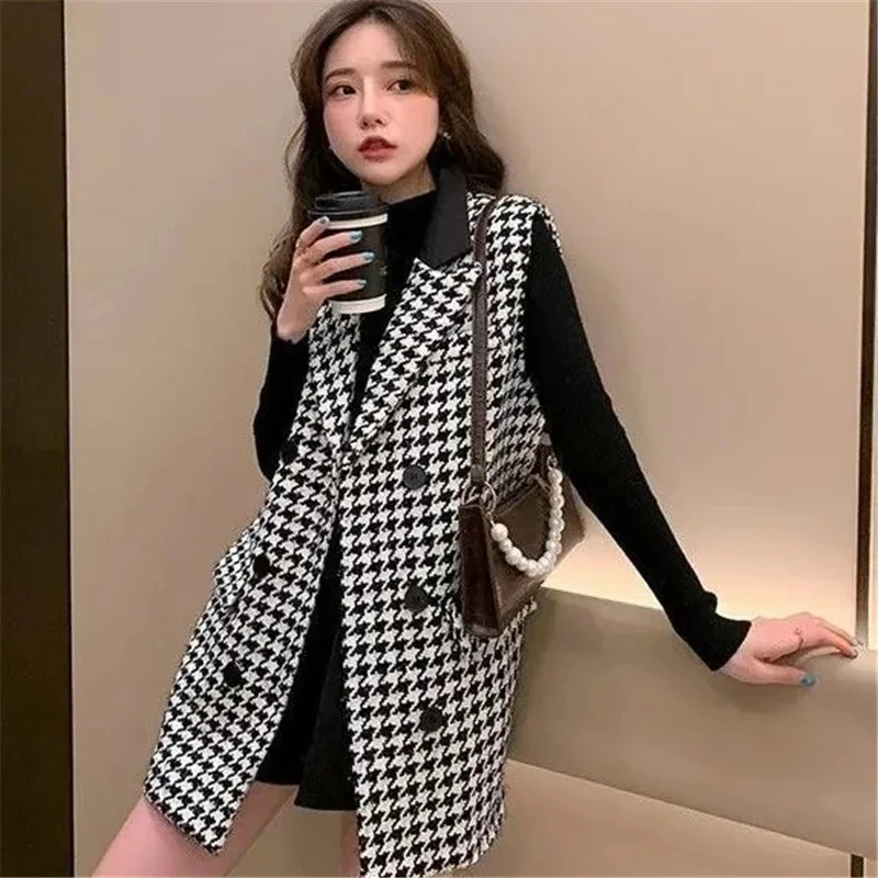 

Spring Autumn Suit Vest Mid Length Suit Collar Grid Vest Coat Sleeveless Suit Jacket 2024 New Women's Korean Casual Outerwear