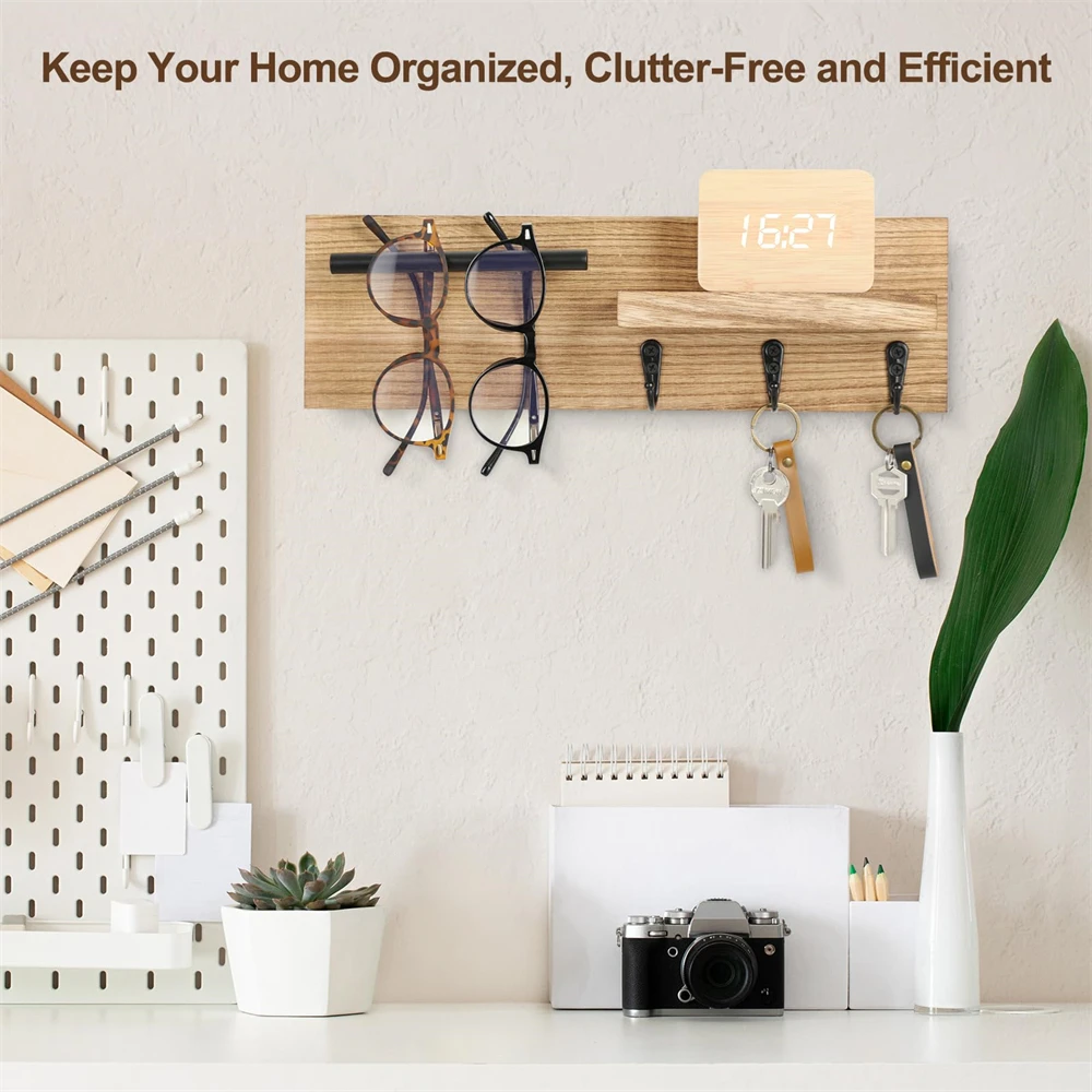 Wooden Key Holder Wall Mount for Entryway Decor Mail Shelf with