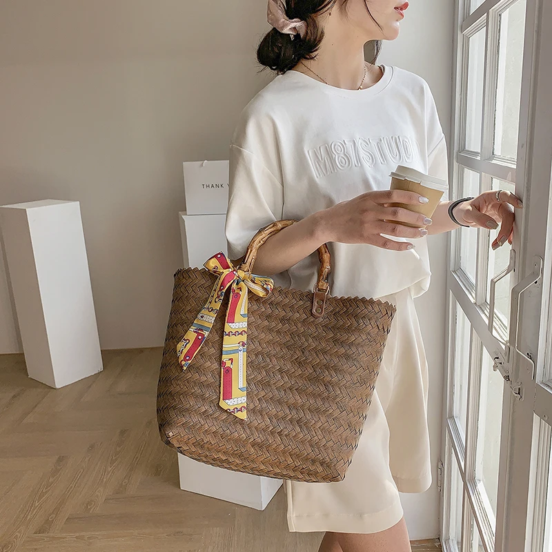 Big Travel Vacation Totes Bamboo Handbag Women Handbag Handmade Woven Straw Beach Bag Summer Purse