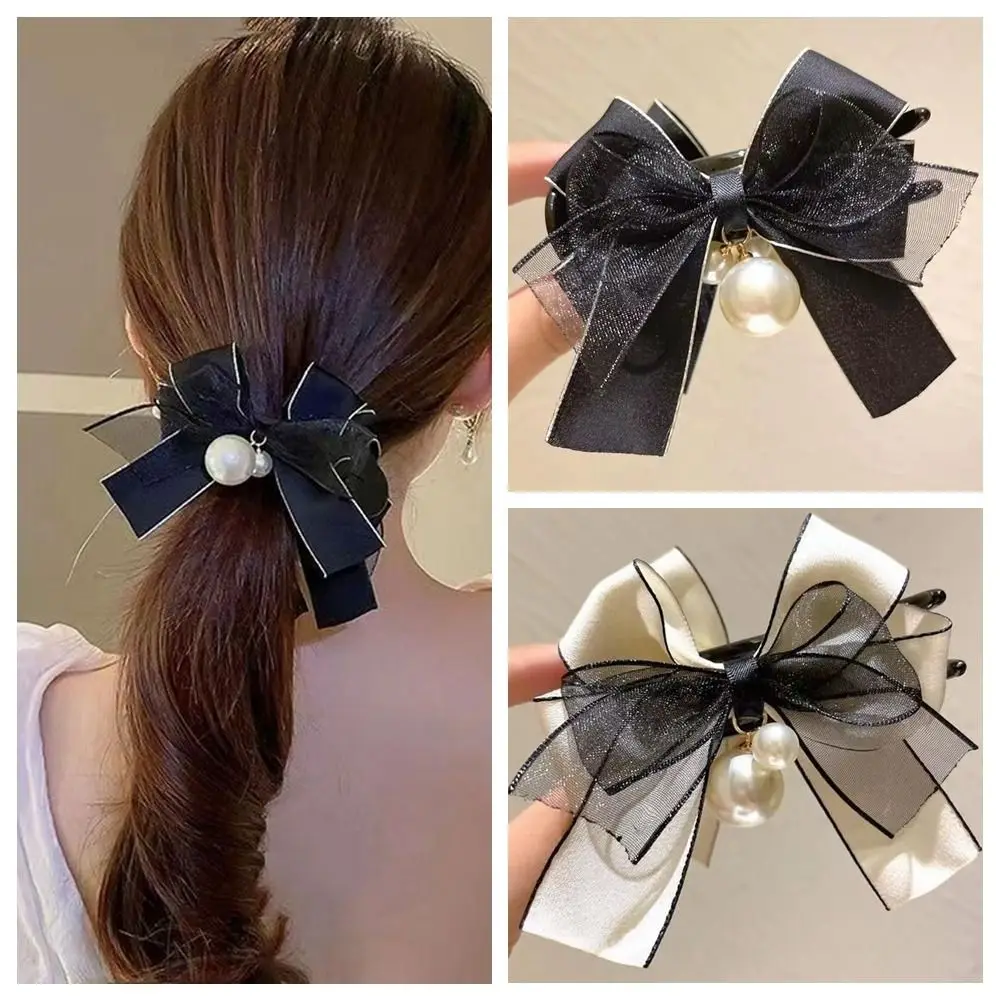 

Pearl Bowknot Hair Claw Korean Style Banana Clip Bowknot Vertical Clip Crab Clip Hair Accessories Bowknot Ponytail Holder Girls