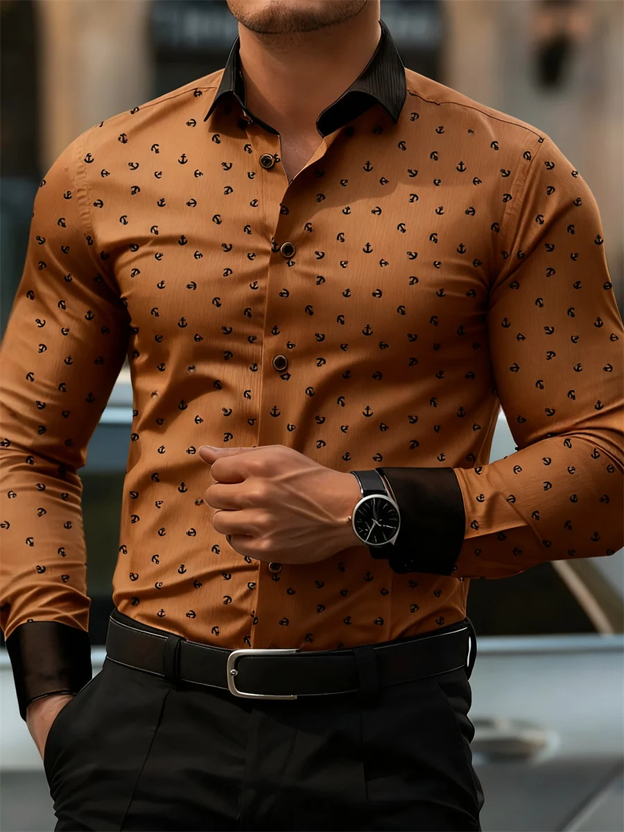 New Men's Fashion Anchor Print Contrast Color Lapel Long Sleeve Shirt Business Casual Slim Fit Non-iron Versatile Shirt XS-6XL