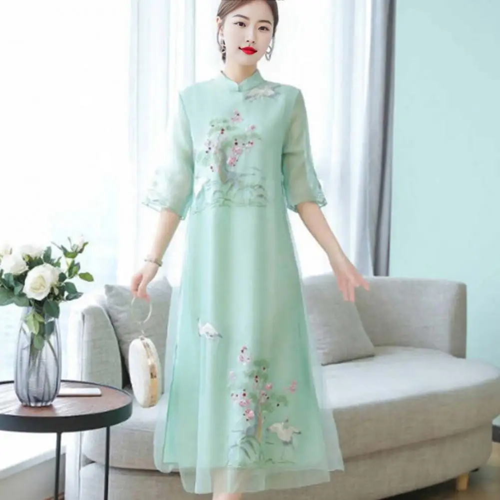 

Women Qipao Dress Embroidery Mesh Loose Chinese Retro Style Ethnic Side Split Double-layer Three Quarter Sleeves Party Formal Ba
