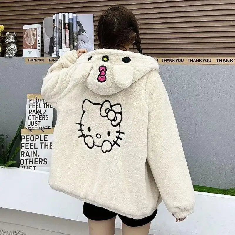 

Kawaii Hello Kittys Fleece Cotton Jacket Woman Sanrios Anime Cartoon Kt Embroidery Autumn Winter Warm Comfortable Bf Cotton Coat