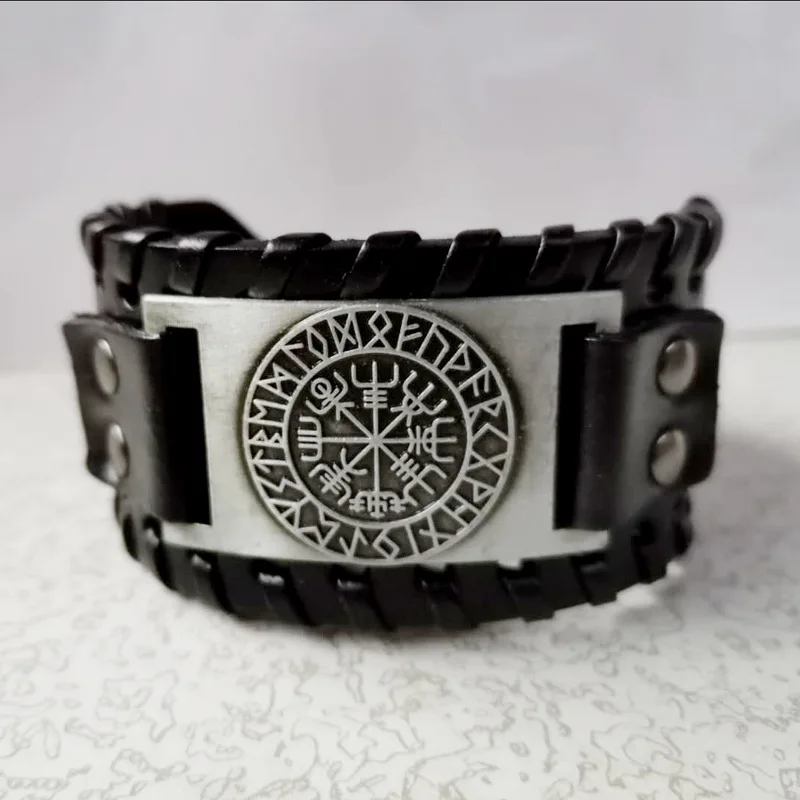 

Men's Stylish Viking Leather Wrap Bracelets Rock Punk Compass Charm Male Wrist Jewelry Length Adjustable