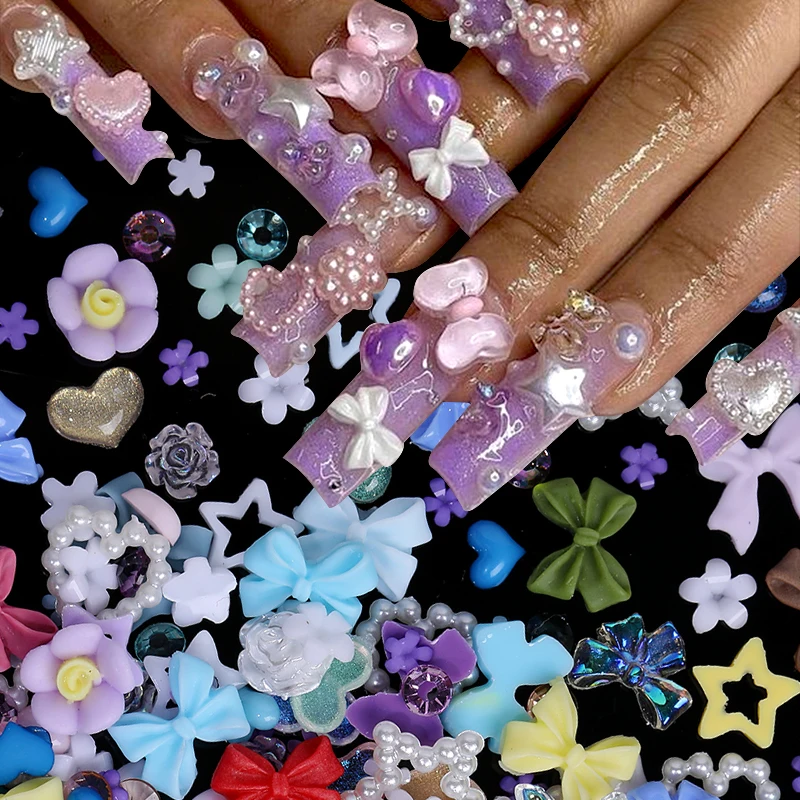100Pcs Pearl Pink Bowknot Heart Shaped Mixed Nail Decorations Kawaii Nail Art Charms Star Butterfly DIY Nail Accessories 2